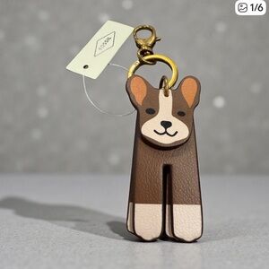 NWT Fossil Dog Leather Bag Charm Keychain Brown Gold Hardware Cute Accessory
